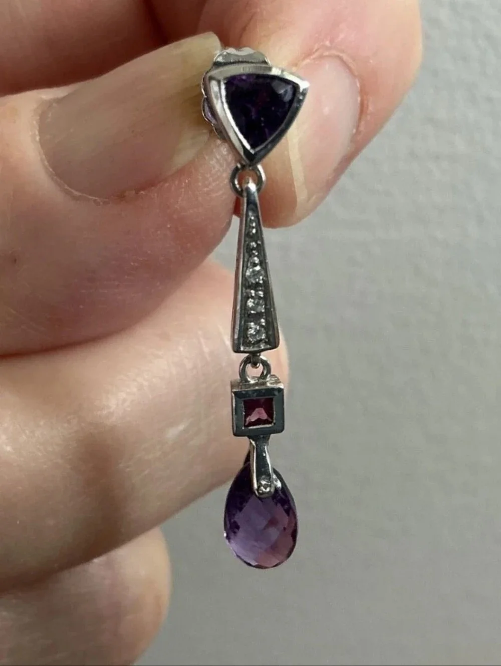 14k White Gold Briolette Amethyst And Diamond Dangle Earrings 1.25 Inches
